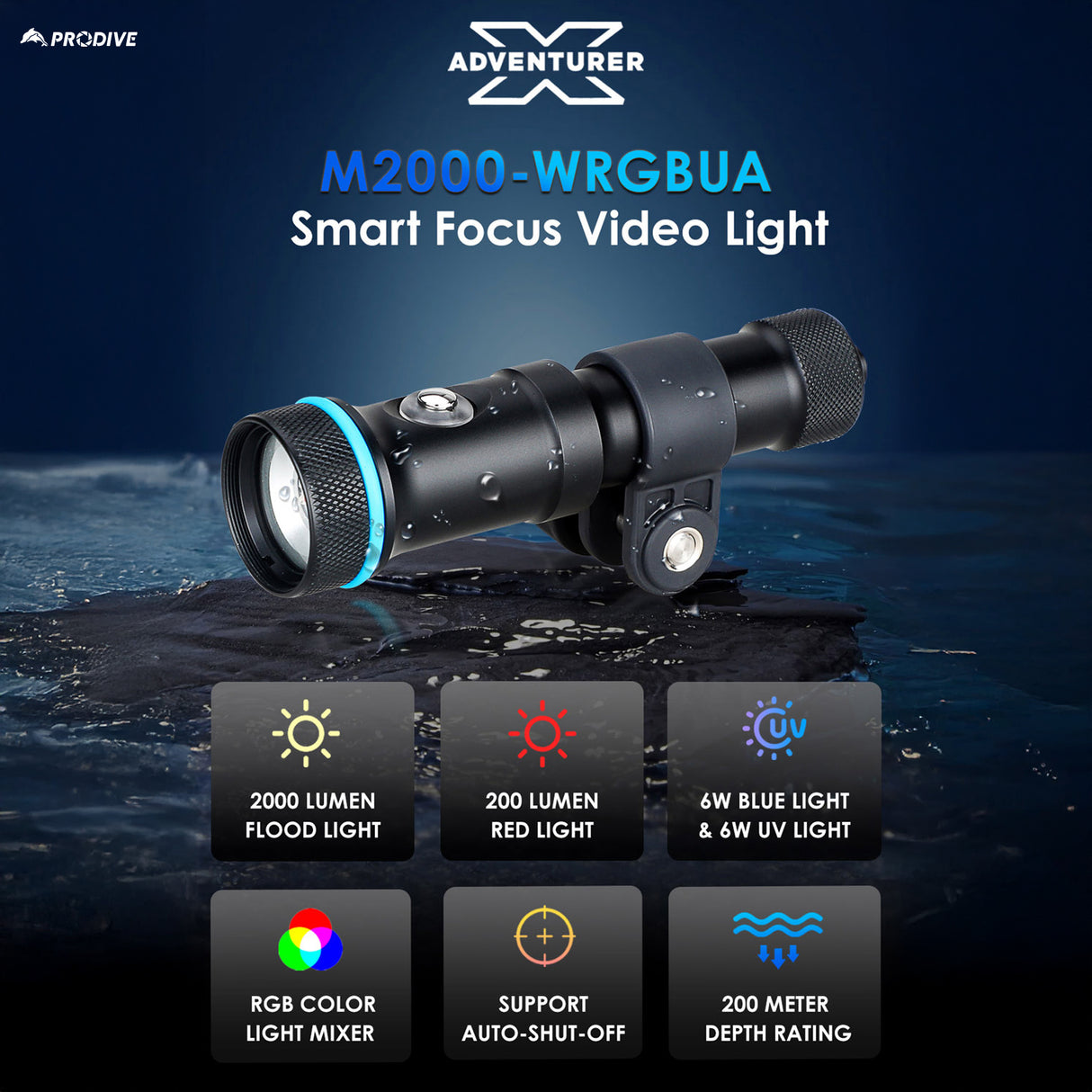 X-adventurer M2000-WRBGUA Smart Focus Video Light (Wide light + RGB UV light + Auto-Shut-Off) - PRODIVE