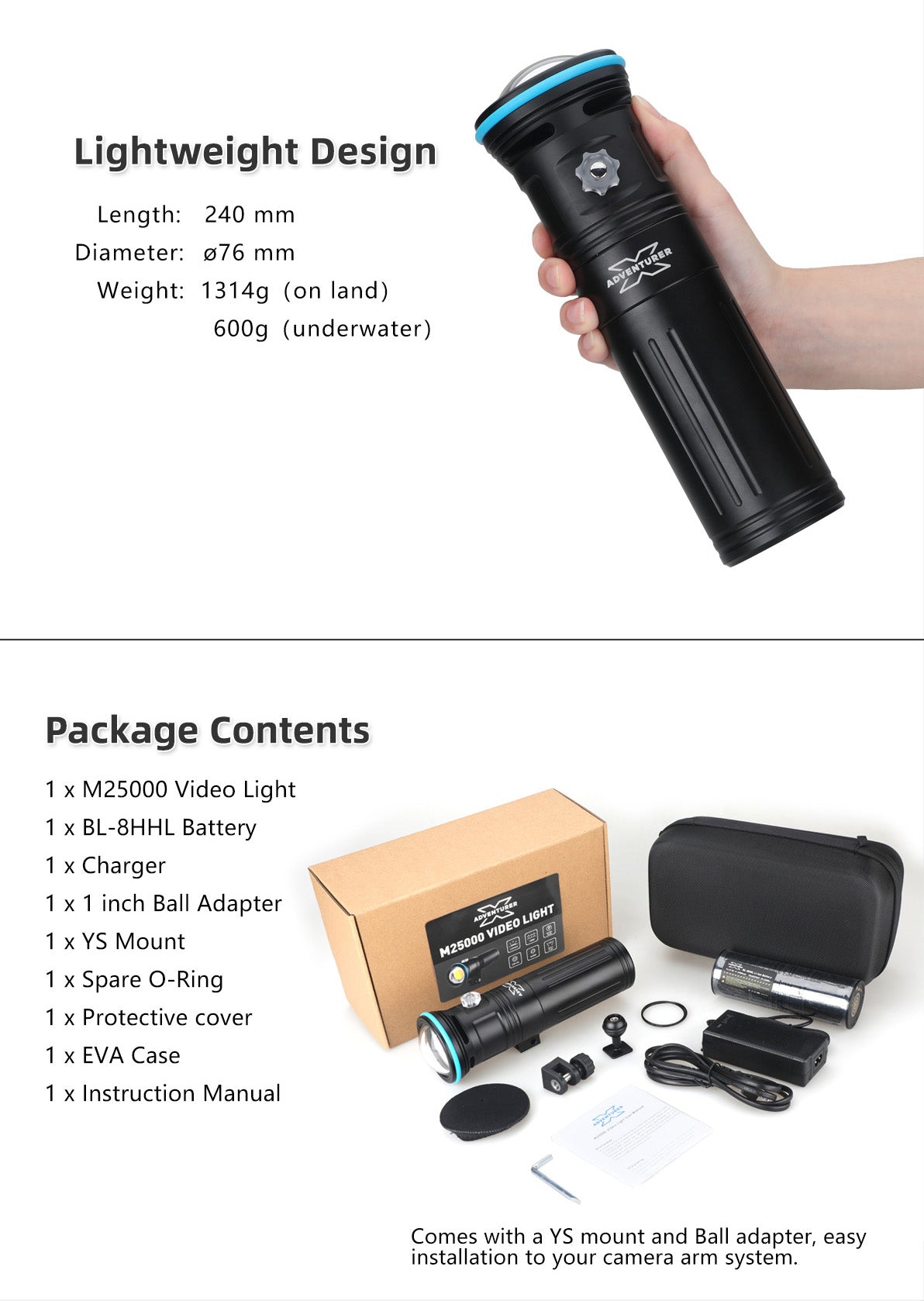 X-adventurer M25000 Undetwater High CRI Photo Video Light - PRODIVE