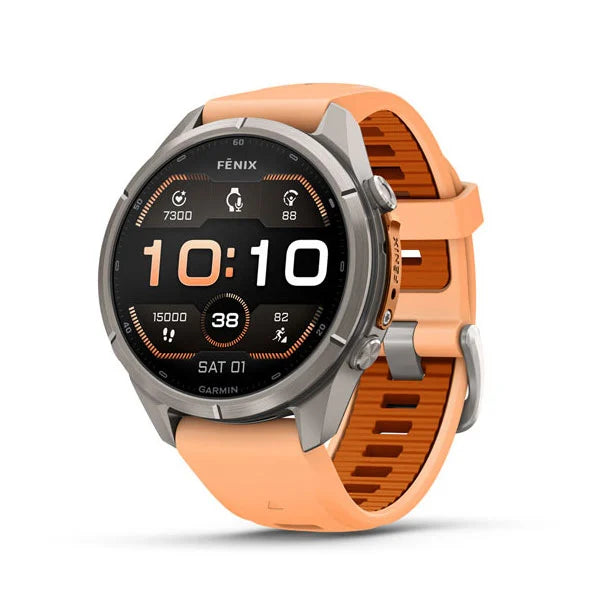 GARMIN Fenix 9 Pro – 43mm Titanium with Shell Pink/Autumn Orange Silicone Band