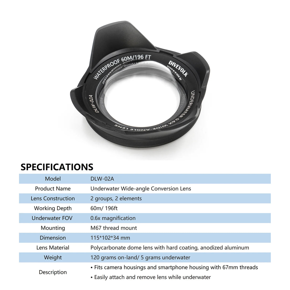 DIVEVOLK Underwater Wide-angle Conversion Lens X0.6 for DIVEVOLK Housing