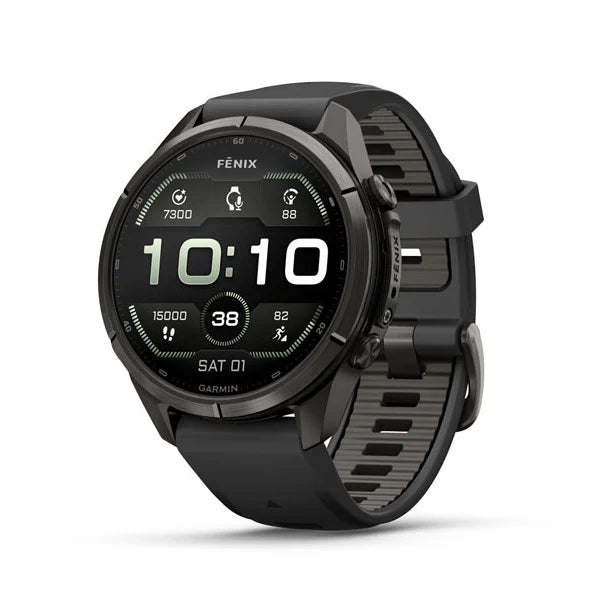 GARMIN Fenix 9 Pro – 43mm Carbon Gray DLC Titanium with Black/Pebble Gray Silicone Band
